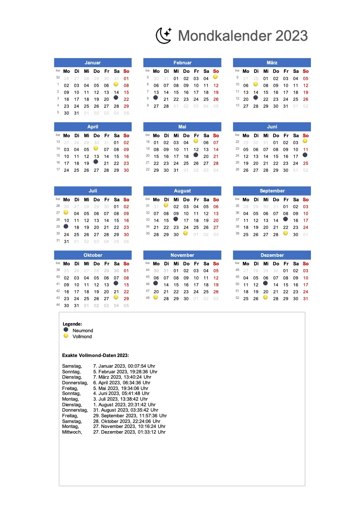 Vollmond 2023 Schweiz Mondkalender zum Ausdrucken